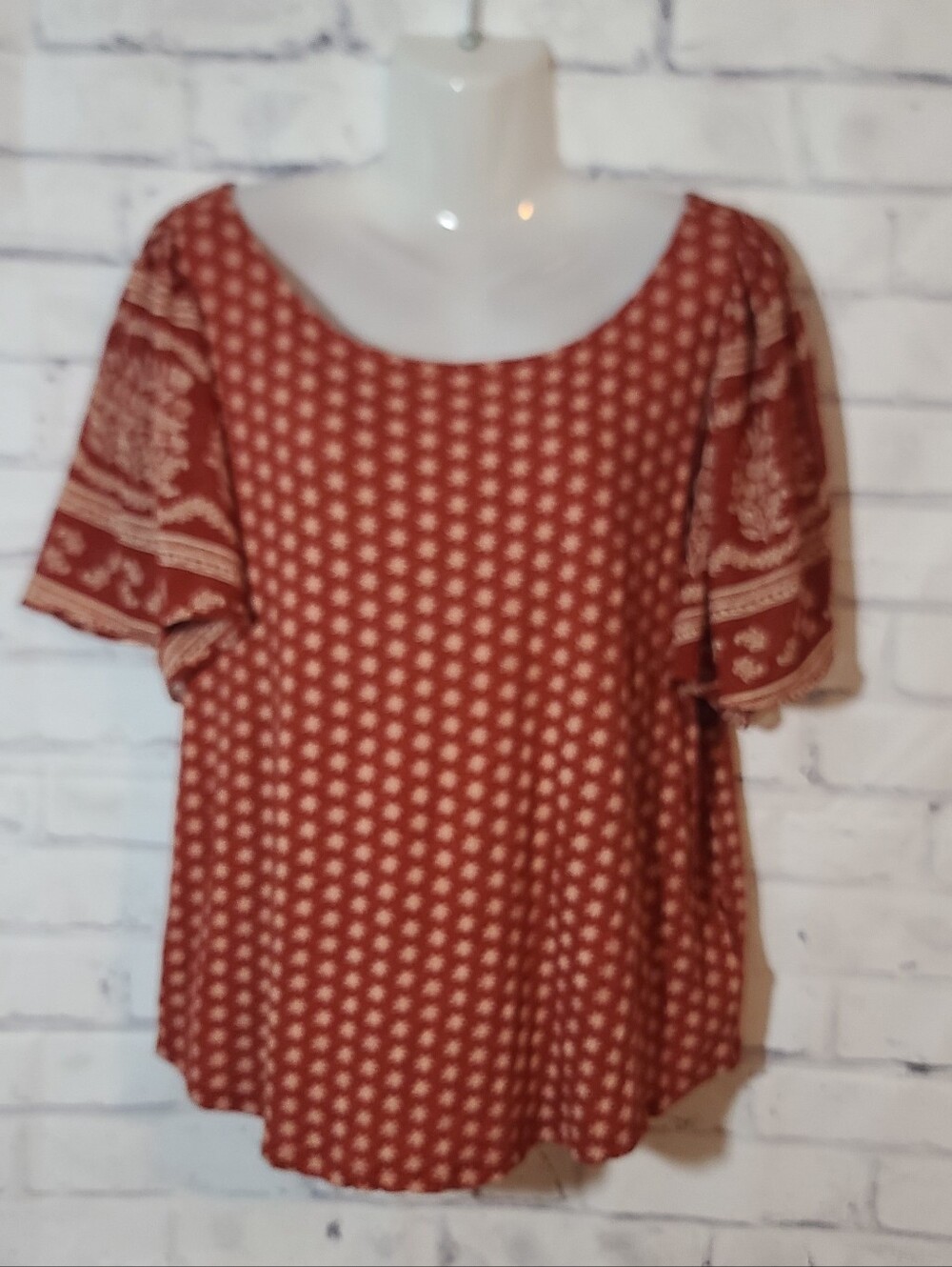 Women's Lucky Brand Red/White Floral Woven Scoop Neck Short Sleeve Blouse L